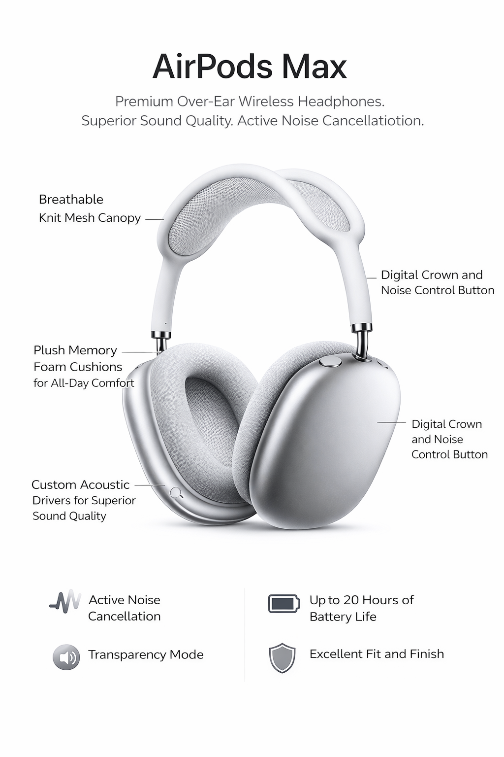AIR POD MAX WIRELESS HEADPHONES WITH BEST QUALITY SOUND AND EASY CONNECT